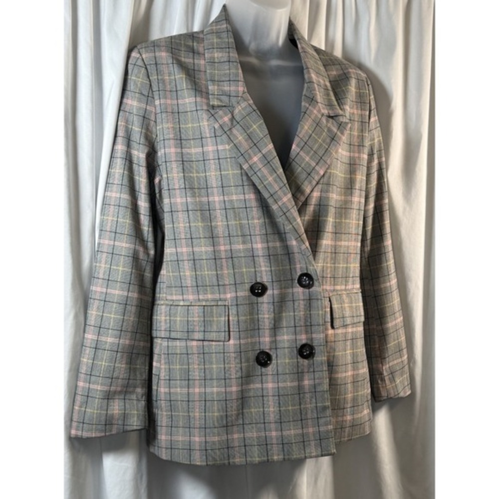 7th Avenue New York & Co Grey Plaid Double Breasted Blazer M Preppy Chic 80-27 - Picture 9 of 12